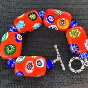 Orange & Blue Designed Lampwork Glass Bracelet